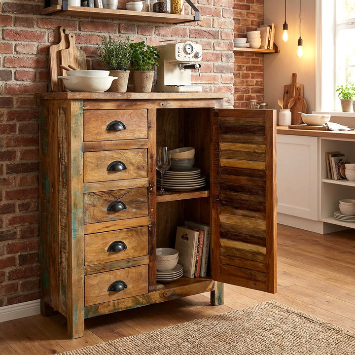 Massief houten dressoir in de keuken, geopende deur, serviesgoed in het interieur, warme vintage woonscène