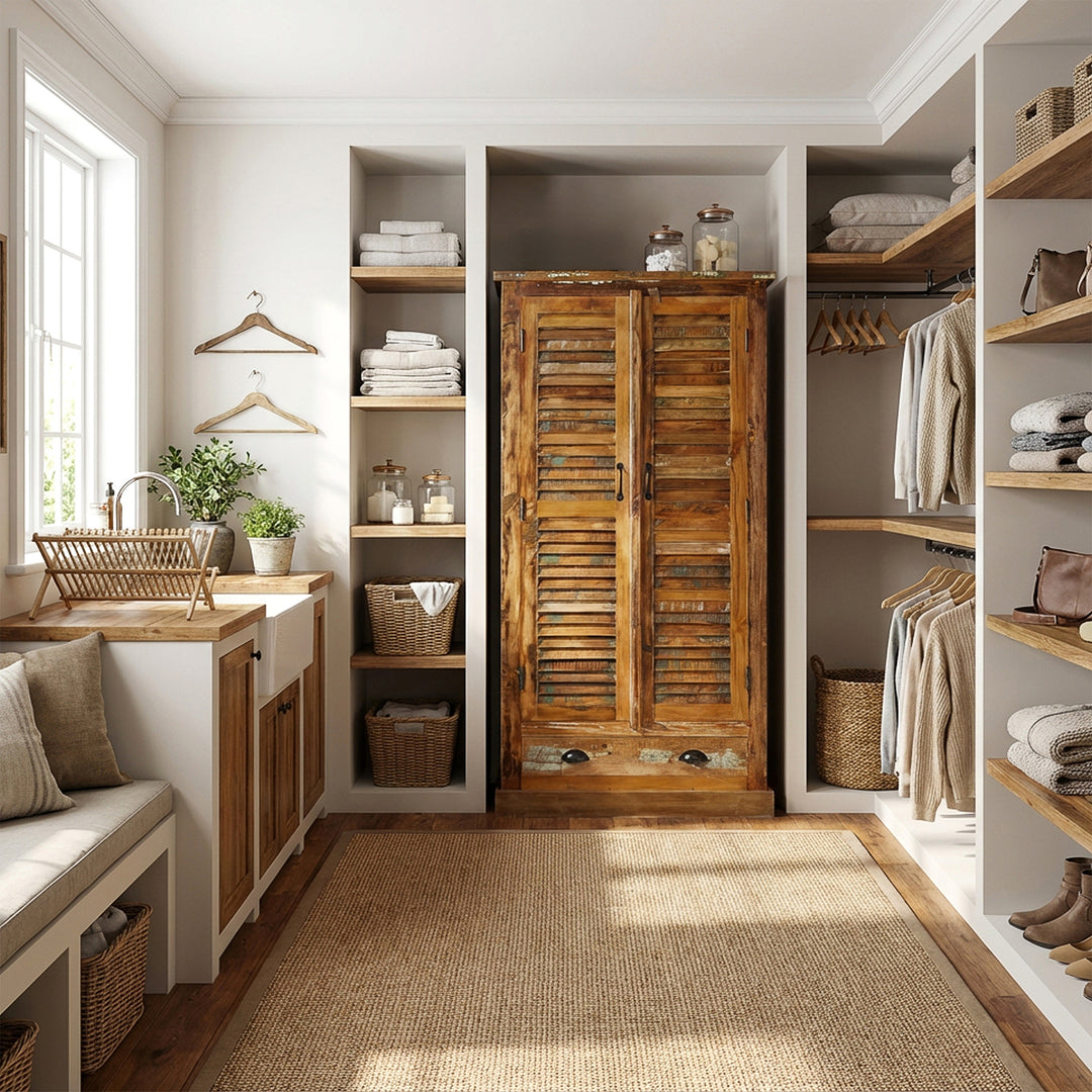 Kast gemaakt van massief hout en hergebruikt hout in vintage stijl, geplaatst in de slaapkamer