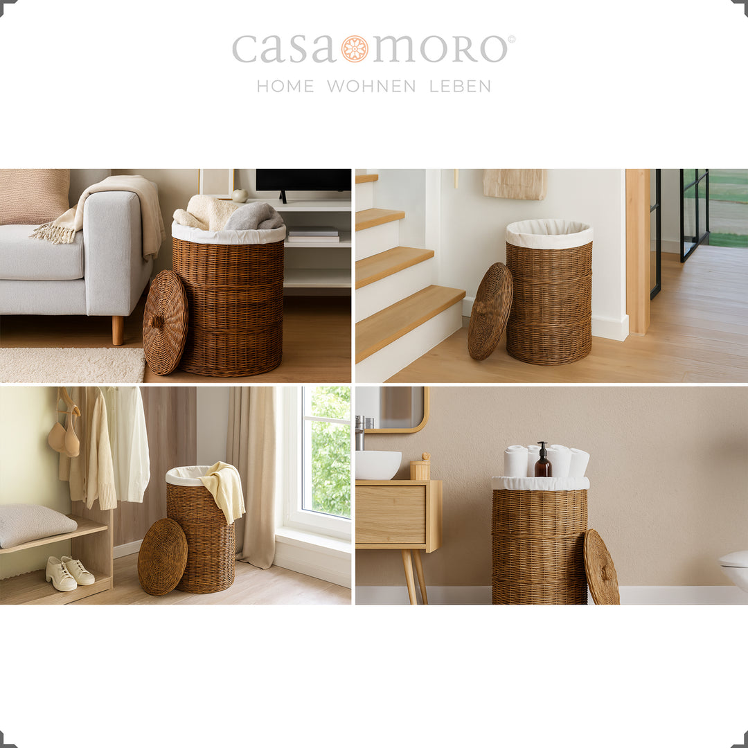 Le panier à linge marron tressé en rotin peut être utilisé dans cinq situations de vie – du salon à la salle de bain.