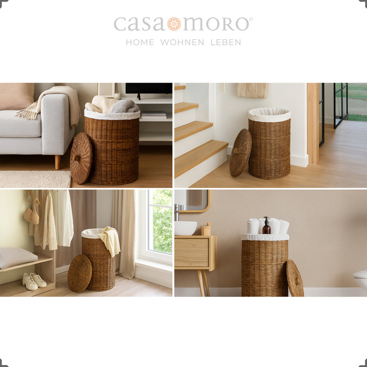 Panier à linge marron foncé tissé à la main dans diverses situations de vie - peut être placé n'importe où dans la maison