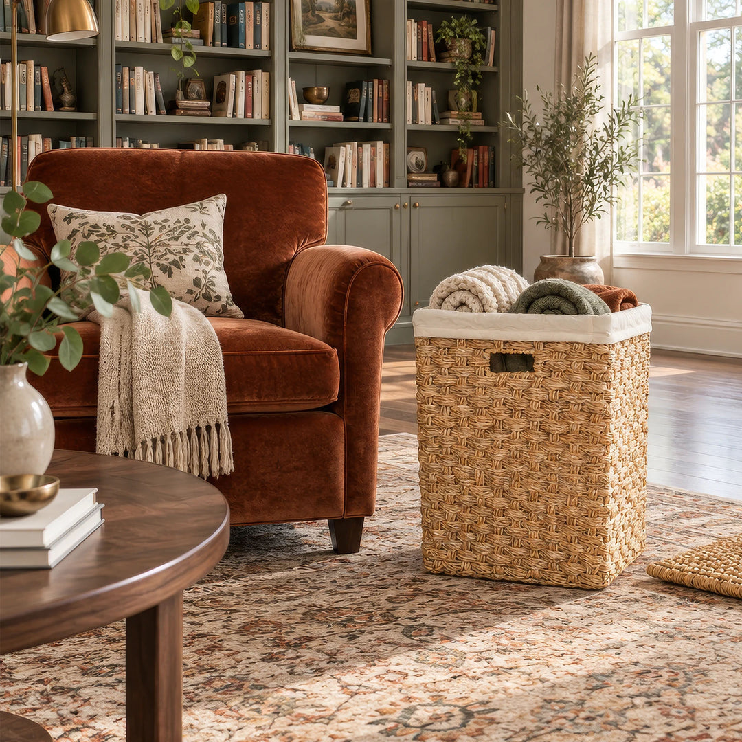Panier carré en jonc de mer, plaids roulés et couvercle retiré, près d’un fauteuil brun devant des bibliothèques.