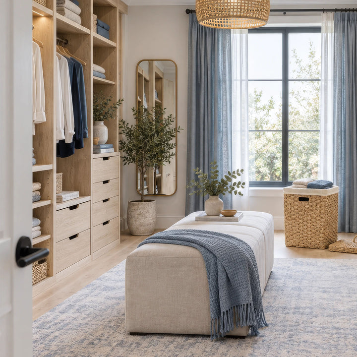 Panier à linge carré en jonc de mer avec textiles clairs près d’une banquette rembourrée et d’armoires ouvertes du dressing.