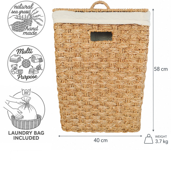 Schéma du panier carré en jonc de mer : largeur 40 cm, hauteur 58 cm, 3,7 kg et lavage du sac à 30 °C.
