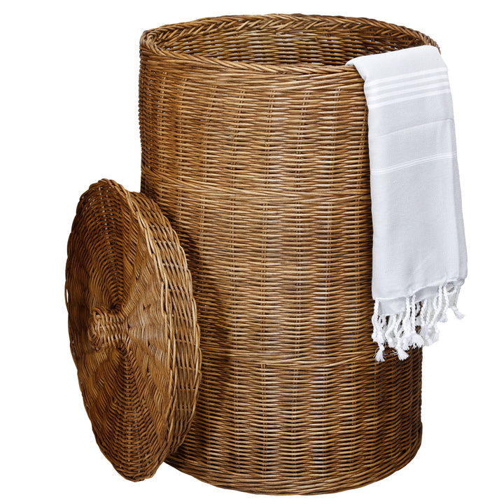 Panier à linge compact en rotin tressé avec couvercle, idéal pour les petites pièces ou les ménages individuels