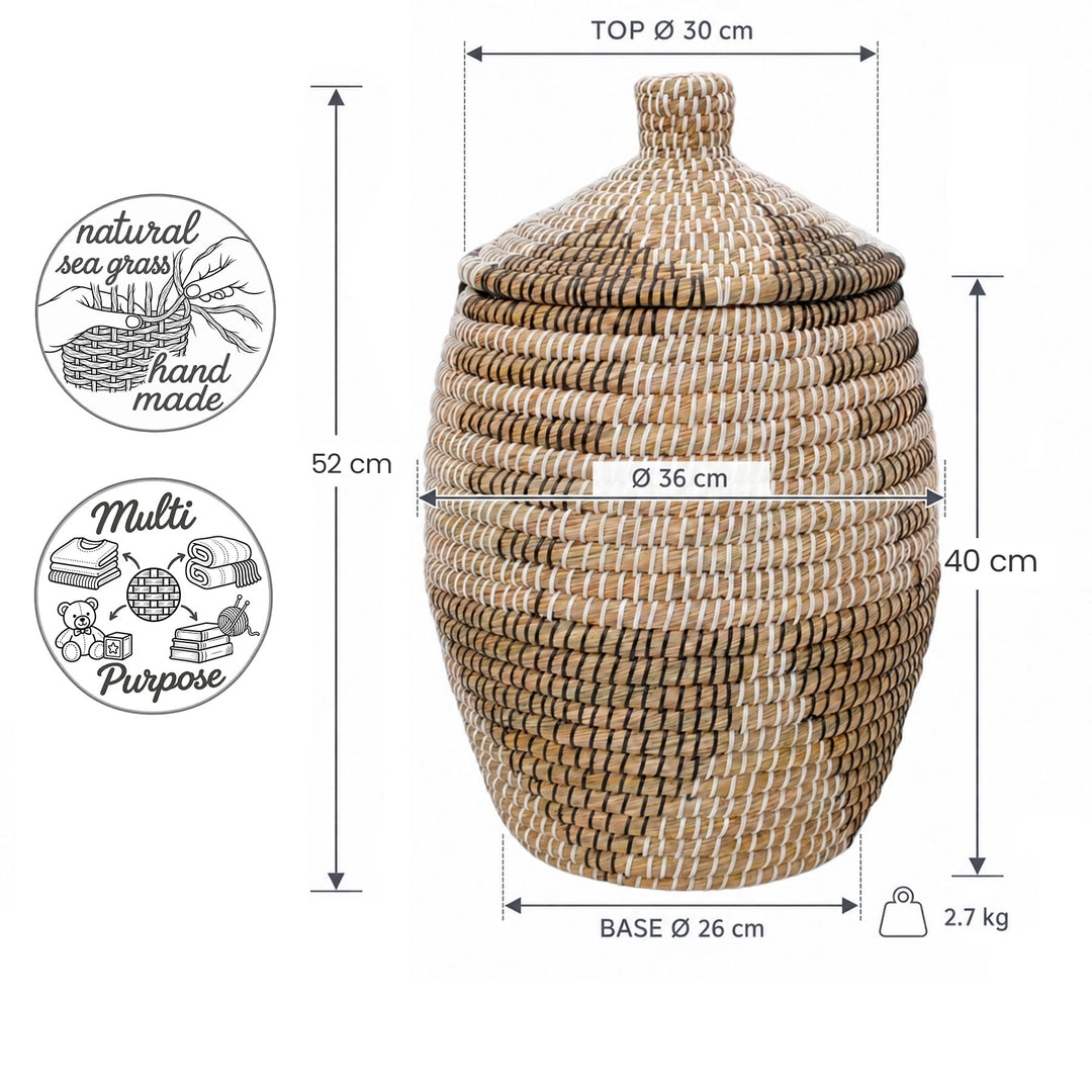 Afmetingen: zeegrasmand in naturel/bruin/zwart/wit, ca. 30 liter, maximale diameter 36 cm en 52 cm hoog inclusief deksel.
