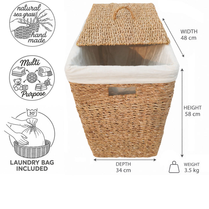Panier à linge en jonc de mer d'une capacité de 90 litres : 48 cm de largeur, 34 cm de profondeur, 58 cm de hauteur, 3,5 kg ; avec couvercle et sac à linge.