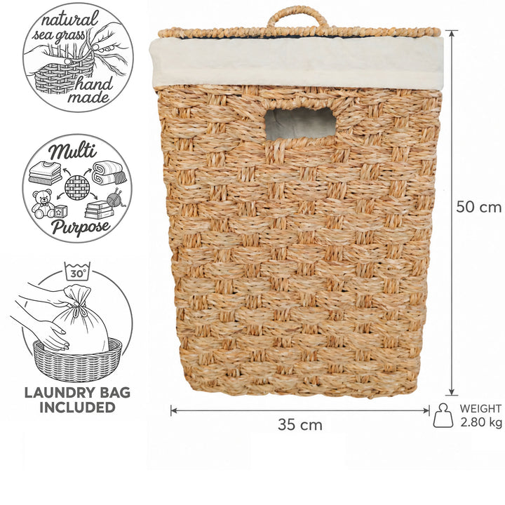 Schéma du panier carré en jonc de mer : largeur 35 cm, hauteur 50 cm, 2,8 kg et symbole de lavage du sac à 30 °C.