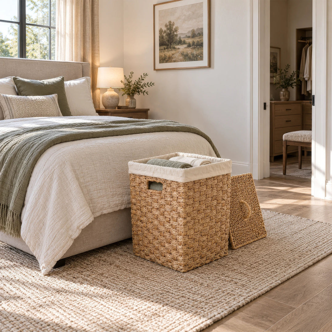 Panier carré en jonc de mer, textiles roulés et couvercle appuyé à côté, devant le lit dans la chambre.