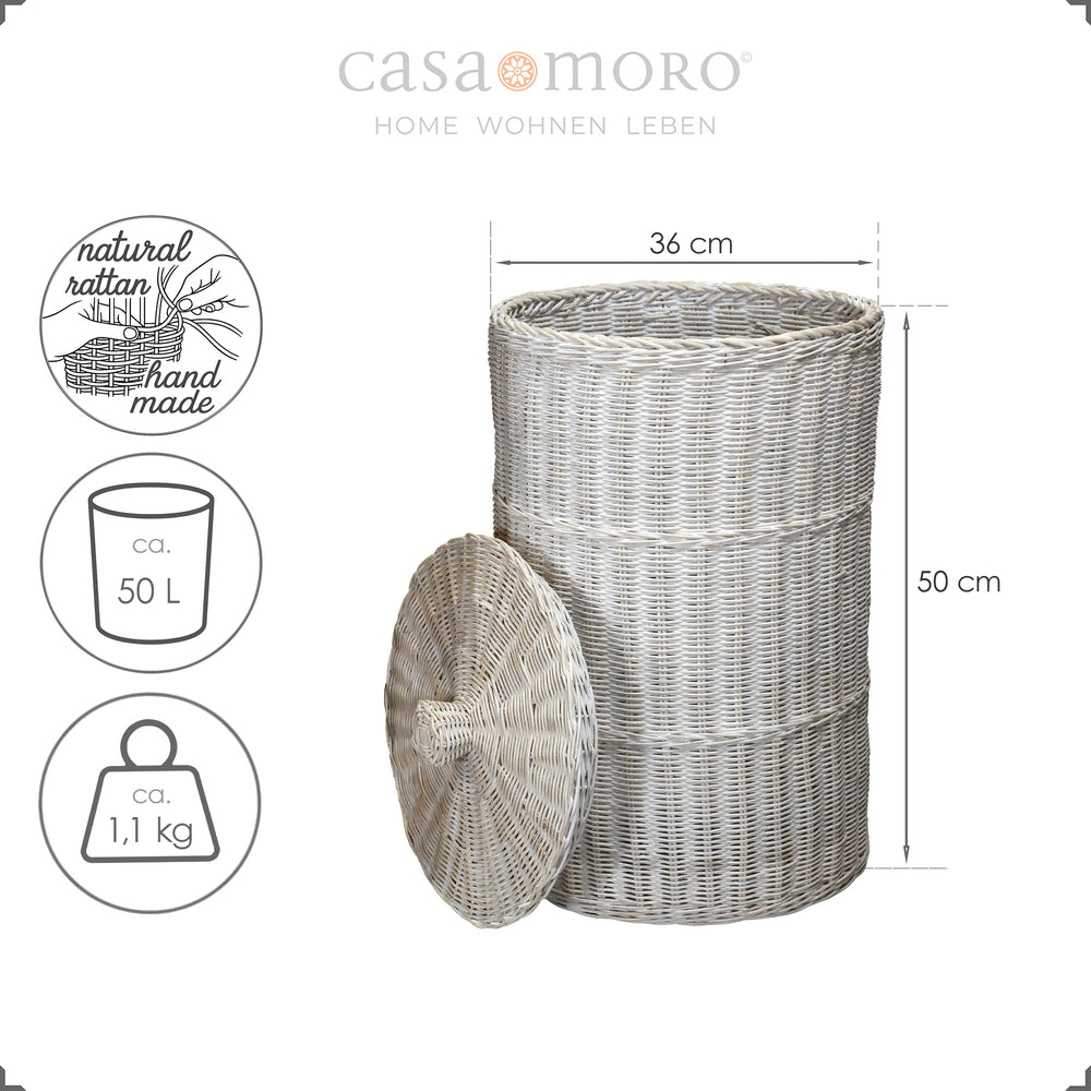 Compacte wasmand in white wash-look, ca. 50 cm hoog, handgeweven van natuurlijk rotan