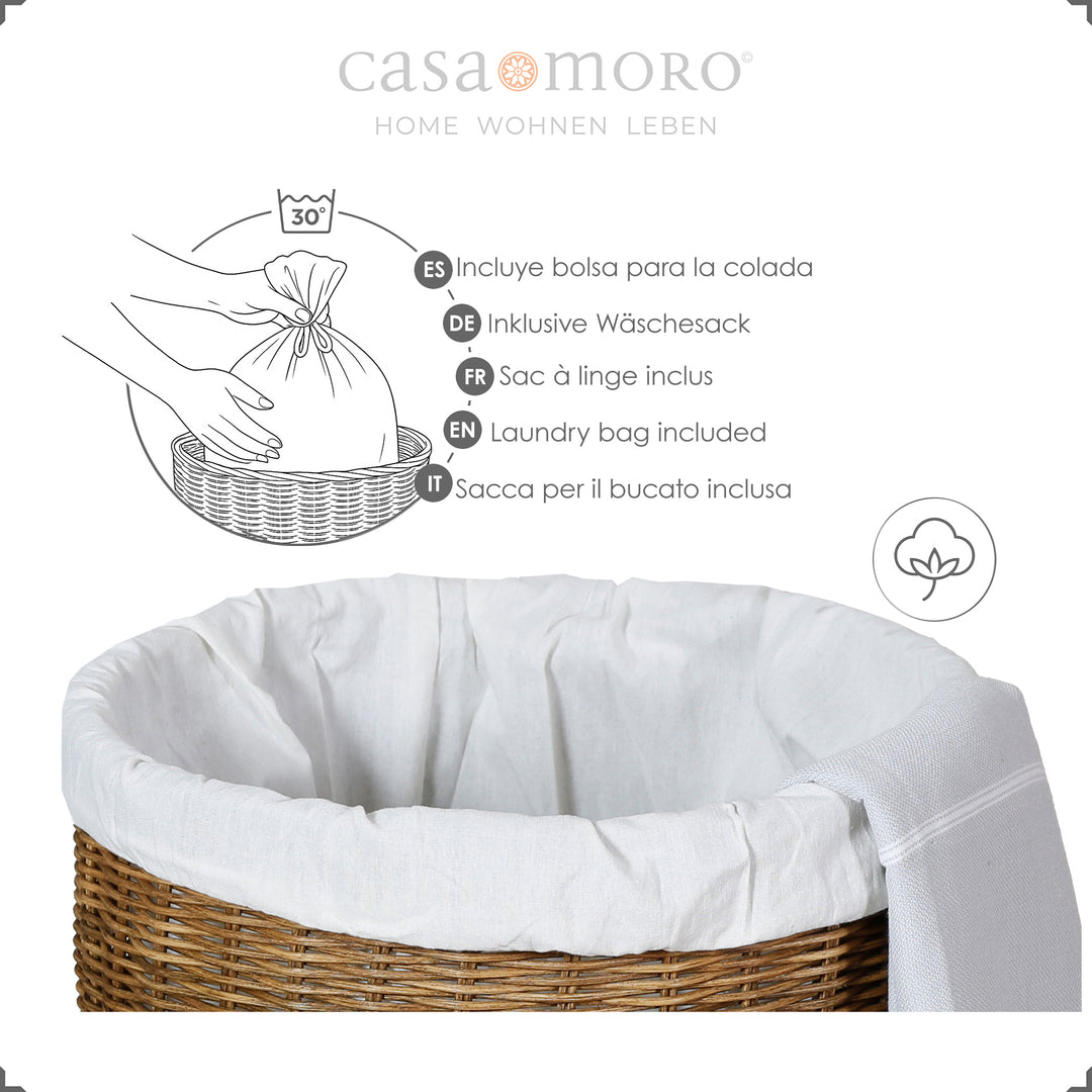 Panier à linge en rotin avec sac intérieur en coton, lavable en machine à 30 °C, expliqué en plusieurs langues