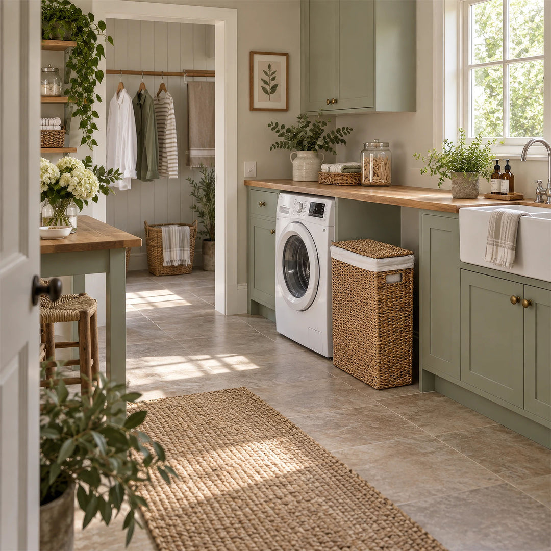 Un panier à linge étroit, muni d'un couvercle et d'une capacité de 45 litres, placé à côté de la machine à laver, sous un plan de travail en bois.