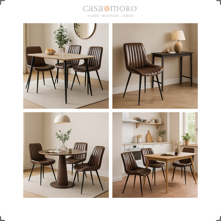 Antieke bruinleren stoelen met zwart gelakte metalen poten in diverse woon- en eetkameropstellingen, modern en uitnodigend