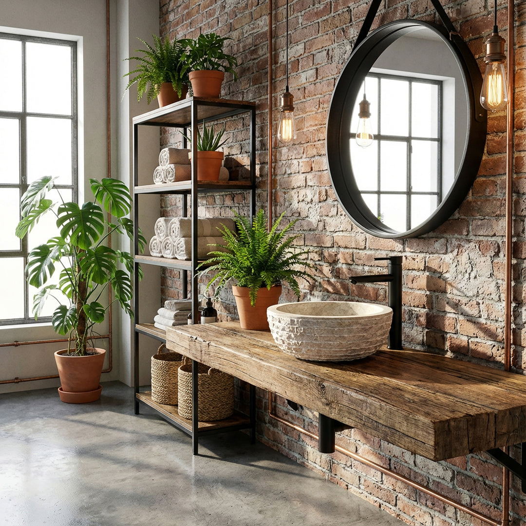 Vasque ronde en marbre à poser en pierre claire sur une console en bois avec raccords noirs dans la salle de bains loft industriel