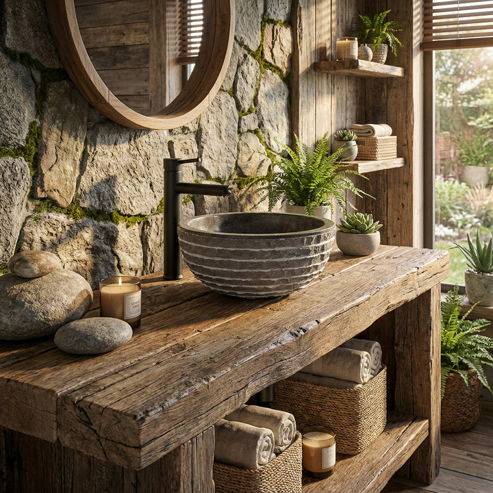 Lavabo rond en marbre sur table en bois rustique dans une salle de bains naturelle avec mur en pierre et plantes