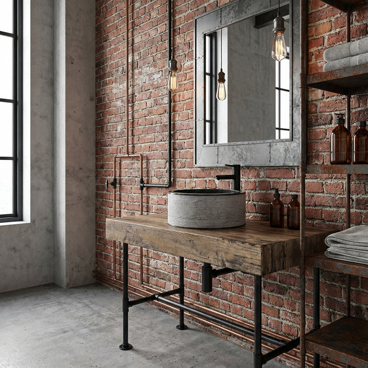 Rond Wastafel gemaakt van marmer op een massief houten console, geënsceneerd in de industriële loftbadkamer met bakstenen muur.