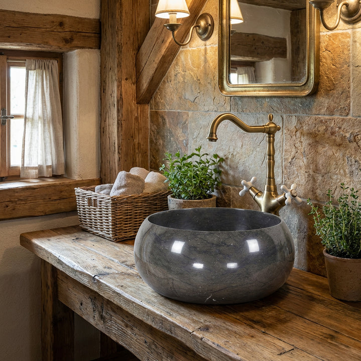 Ronde aanrechtwastafel van natuursteen op een rustieke houten tafel in een gezellige badkamer met messing beslag en warm licht