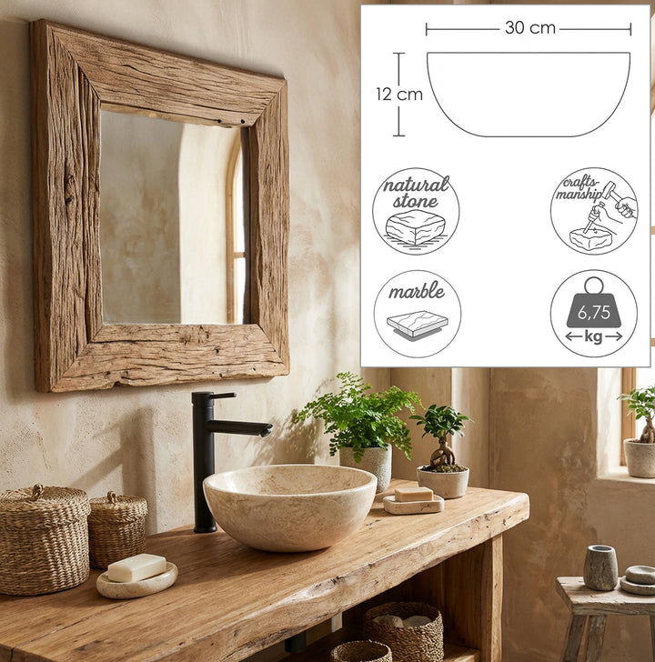 Vasque à poser ronde en marbre clair sur lavabo en bois, complétée par des graphiques dimensionnels avec diamètre, hauteur et poids