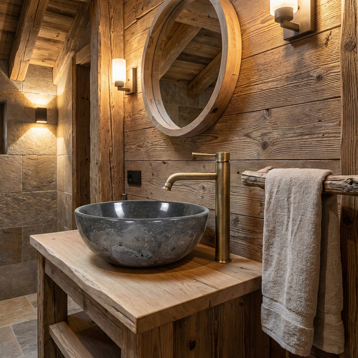 Lavabo rond en marbre sur lavabo en bois rustique dans la salle de bains du chalet avec raccords en laiton