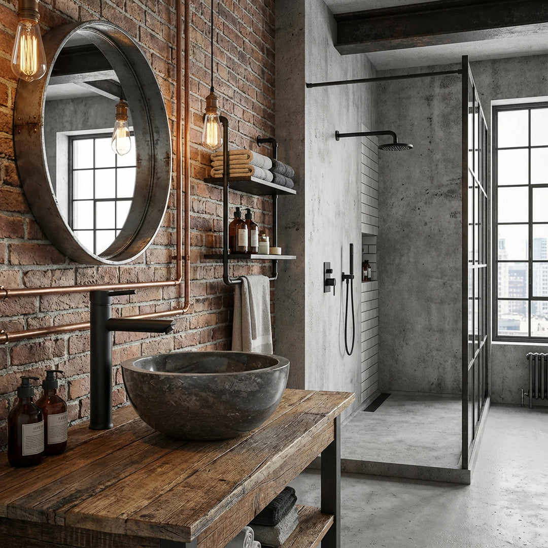 Rond Wastafel gemaakt van donker natuurmateriaal op een houten wastafel met zwart beslag in een industriële loftbadkamer