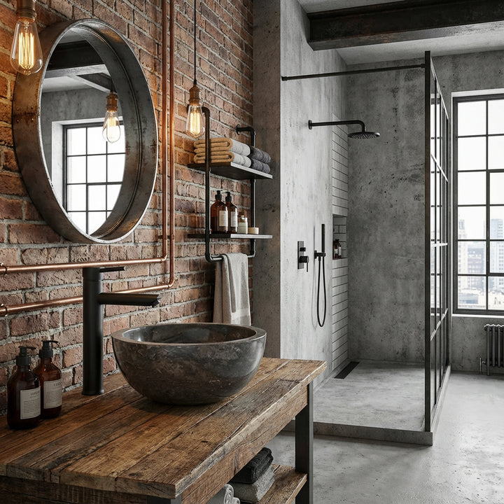Rond Wastafel gemaakt van donker natuurmateriaal op een houten wastafel met zwart beslag in een industriële loftbadkamer
