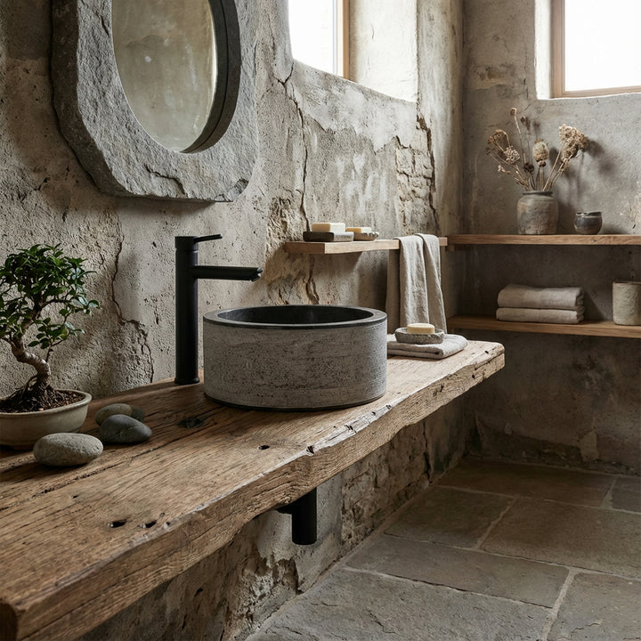Rond Wastafel gemaakt van natuursteen op een rustieke houten console, rustig geënsceneerd in de minimalistische spabadkamer met natuurlijke tinten.