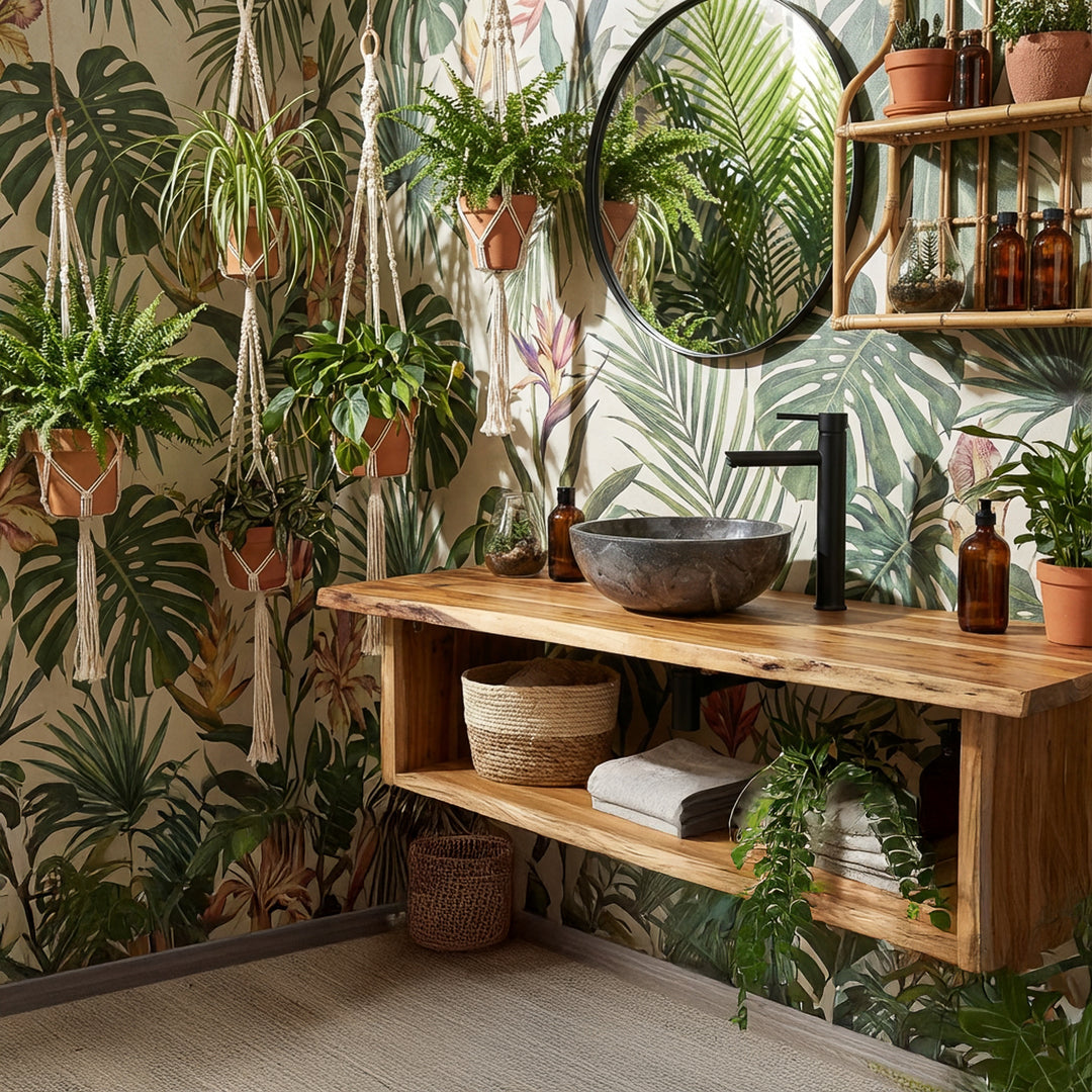 Lavabo rond à poser en pierre naturelle sur un meuble sous-vasque en bois dans une salle de bains bohème verte avec plantes, papier peint et accessoires noirs
