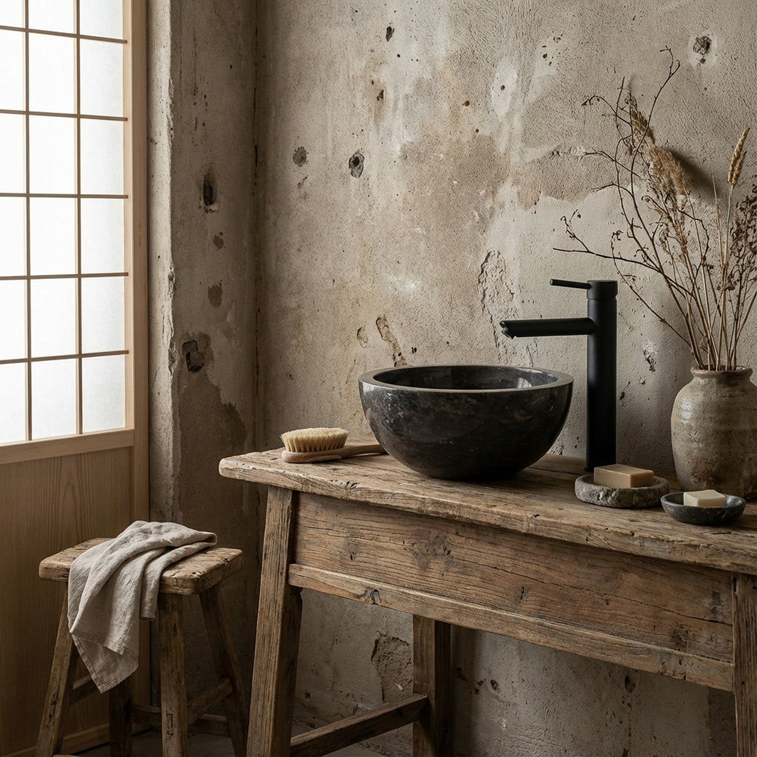 Rond Wastafel gemaakt van donkere steen op een rustieke houten tafel met zwart beslag in een minimalistische badkamersfeer