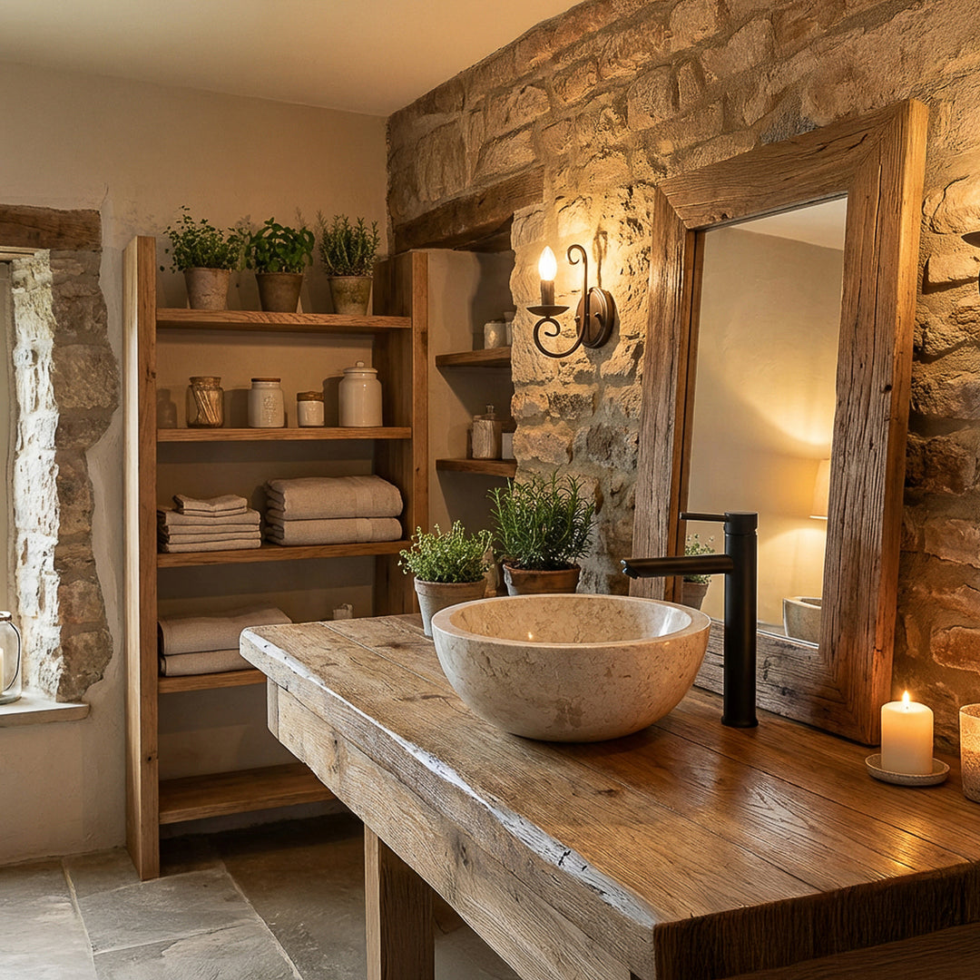 Ronde opzetwastafel van lichte steen op een rustieke houten tafel met zwart beslag in een warme landelijke badkamer