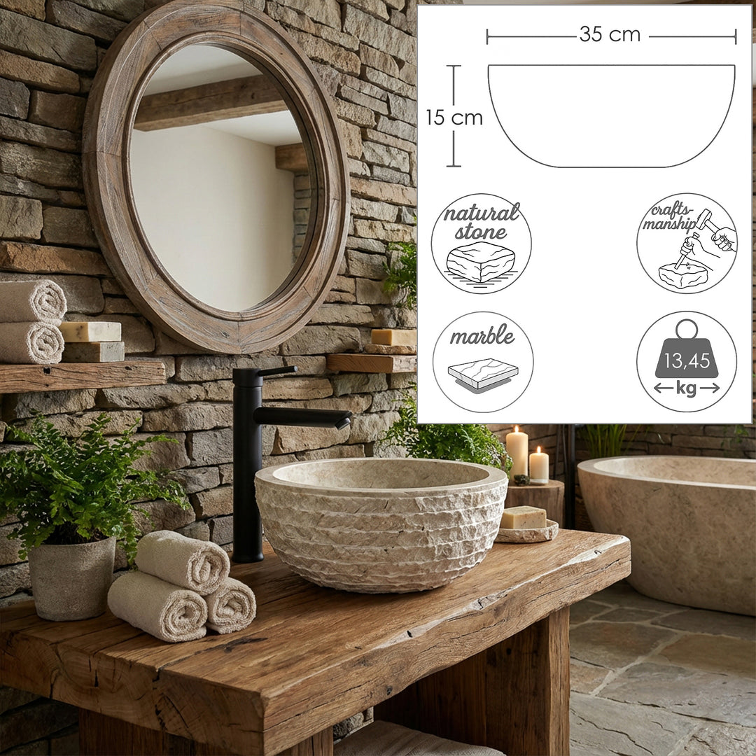 Lavabo à poser rond en pierre naturelle avec surface texturée, présenté sur un lavabo en bois avec graphiques dimensionnels (35 cm, 15 cm, 13,45 kg)
