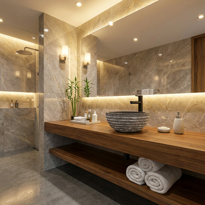 Rond Lavabo en pierre naturelle sur une vanité flottante en bois dans la salle de bains spa moderne avec éclairage indirect