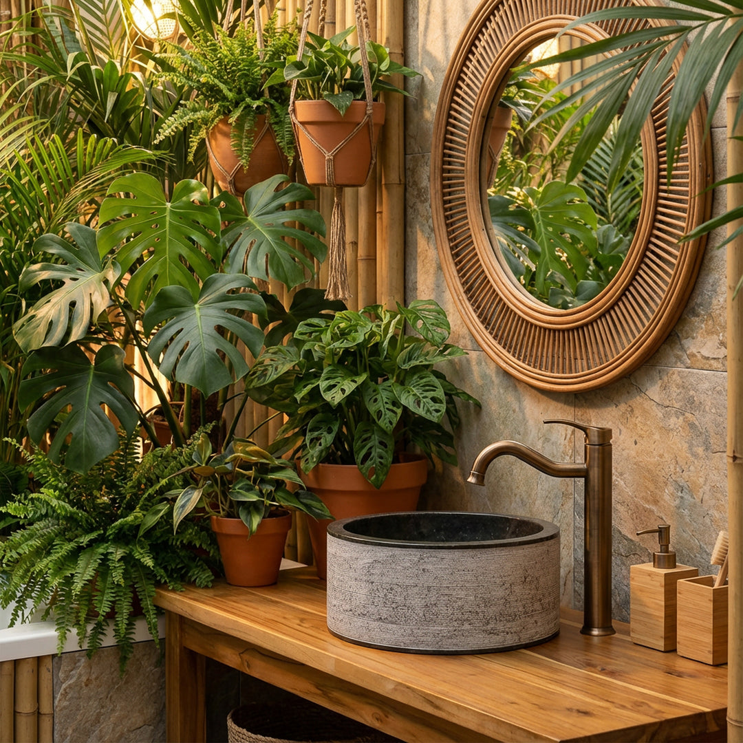 Ronde stenen gootsteen op houten console omgeven door weelderige planten en bamboedetails in een natuurlijke spa-badkamersfeer.