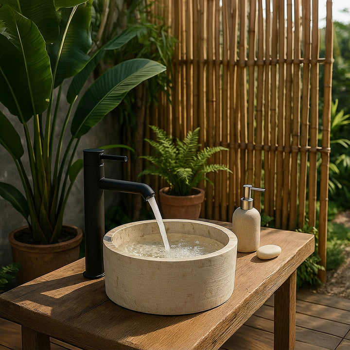 Marbre rondLavabo sur une table en bois rustique, associée à une robinetterie noire dans une ambiance de salle de bain naturelle et chaleureuse.