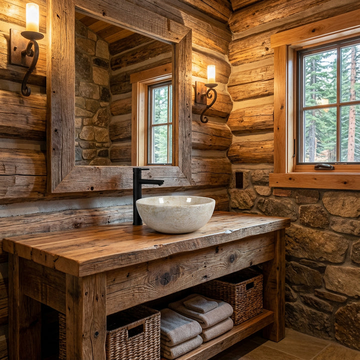 Vasque à poser ronde en pierre claire sur vasque rustique en bois avec robinetterie noire dans une ambiance salle de bain chalet
