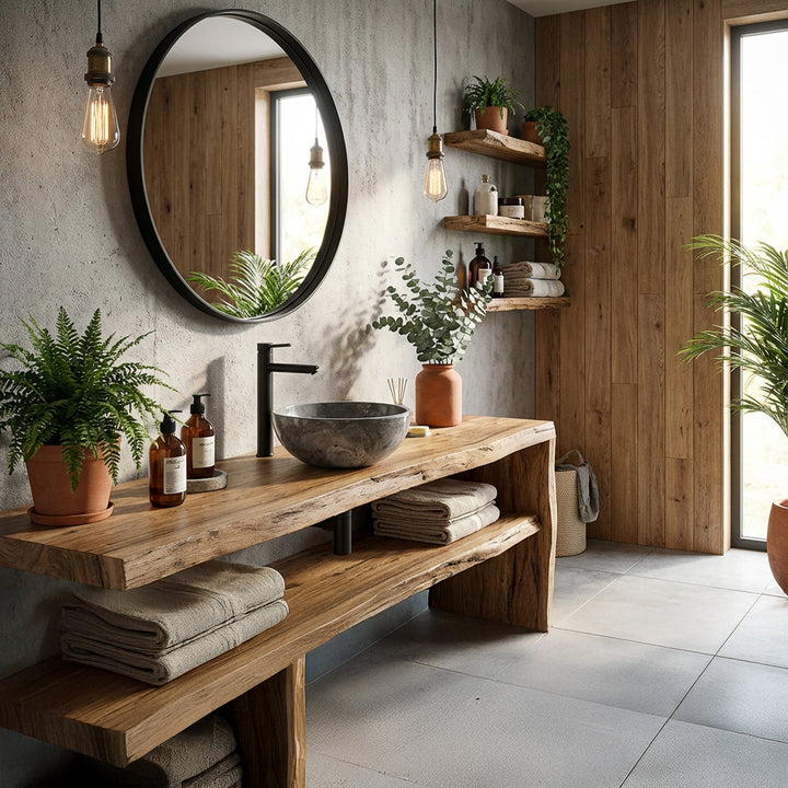Rond Lavabo en pierre sur une vanité en bois massif dans la salle de bain naturelle et calme avec plantes, miroir et éclairage chaleureux