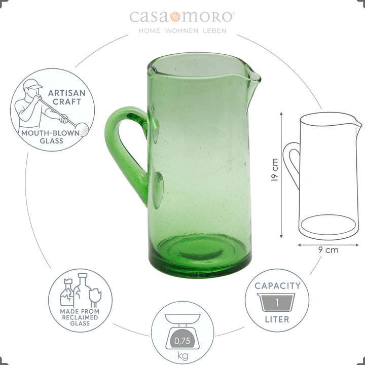 Grüne Wasserkaraffe aus mundgeblasenem Glas mit Henkel & Ausguss