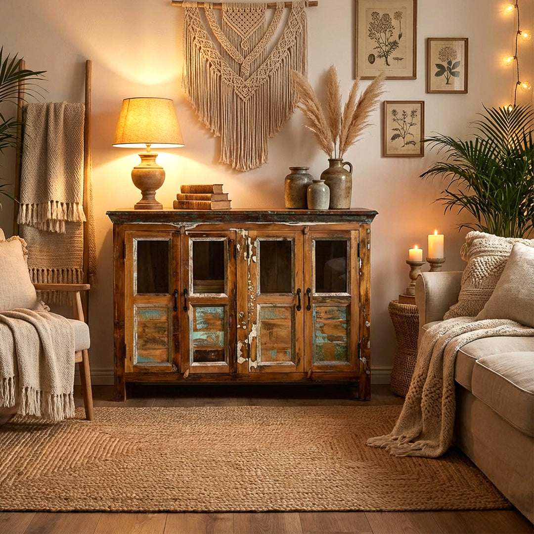 Massief houten dressoir met glazen deuren in de boho woonkamer als decoratieve opbergruimte