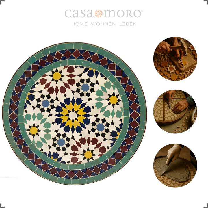 Handgemaakte mozaïektafel met een harmonieus kleurenpalet in groentinten - oosters en modern tegelijk